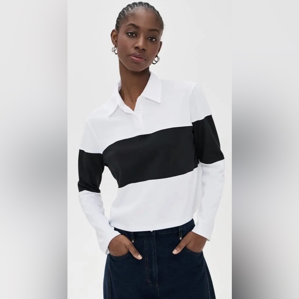 THEORY CROP RUGBY STRIPE SHIRT, SIZE L.